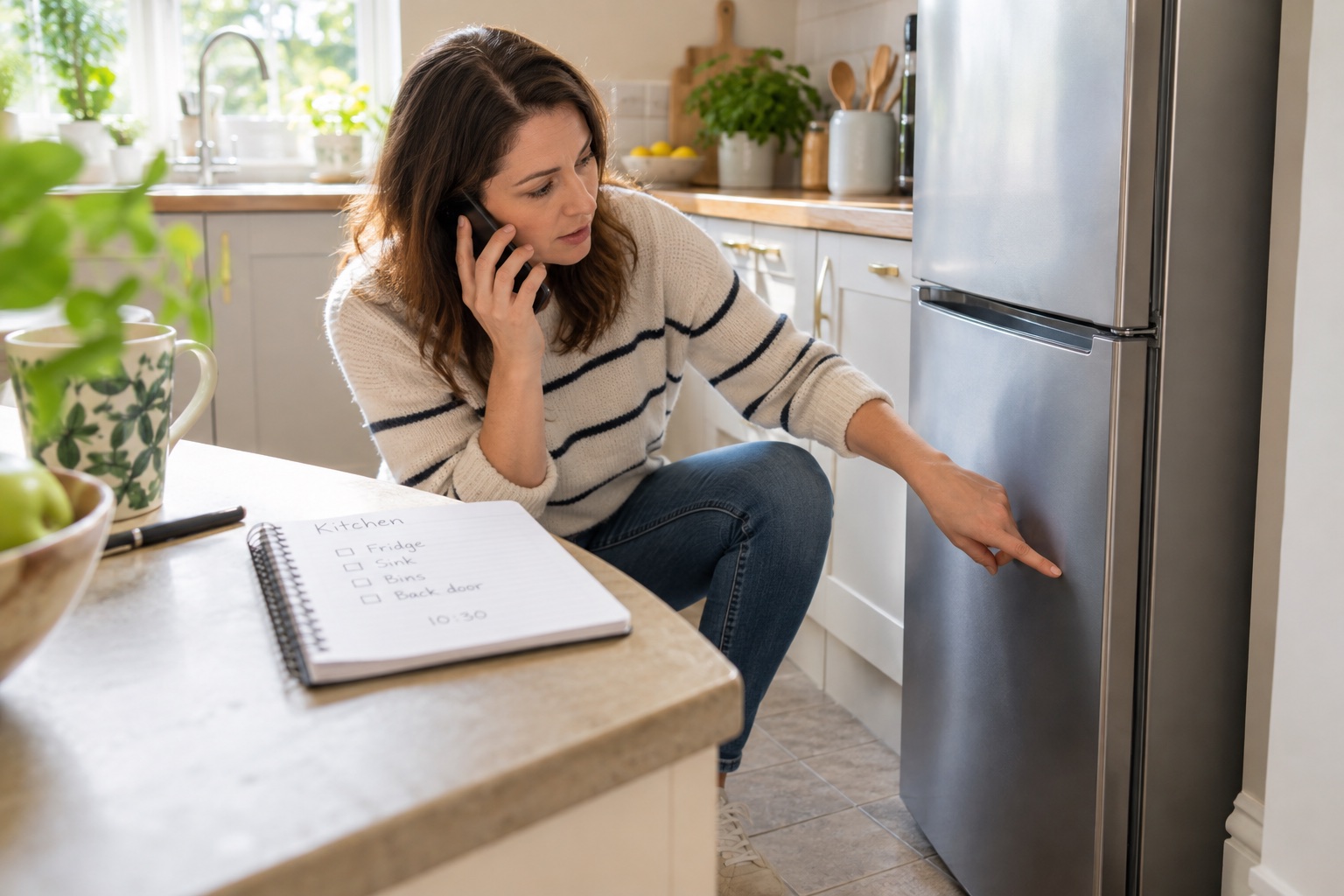 A homeowner describing a kitchen pest concern by phone beside a notebook of inspection clues