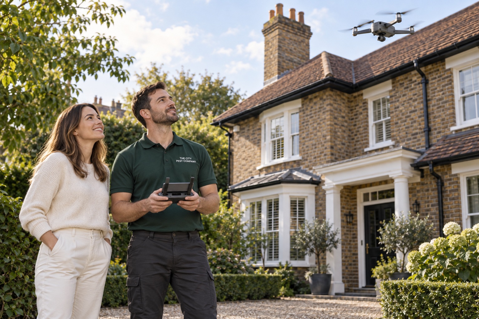 Technician carrying out a visible roofline survey from a safe ground position.