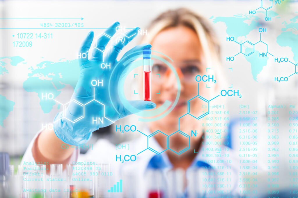 A female scientist holding a test tube with red liquid. The image also contain chemical symbols. This kind of liquids is used for pest control.