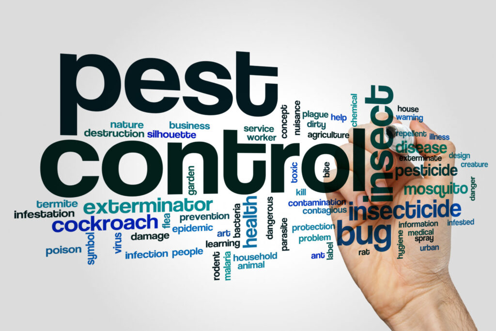 The image appears to be a graphic design poster related to pest control and the dangers of pests. It includes keywords and concepts such as warning, destruction, service, illness, exterminate, pesticide, mosquito, termite, infestation, and protection. The tags associated with the image include text, font, graphic design, poster, printing, and typography.