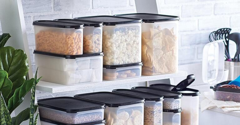 A shelf filled with various food items and storage containers. It features a variety of snacks and food displayed indoors.