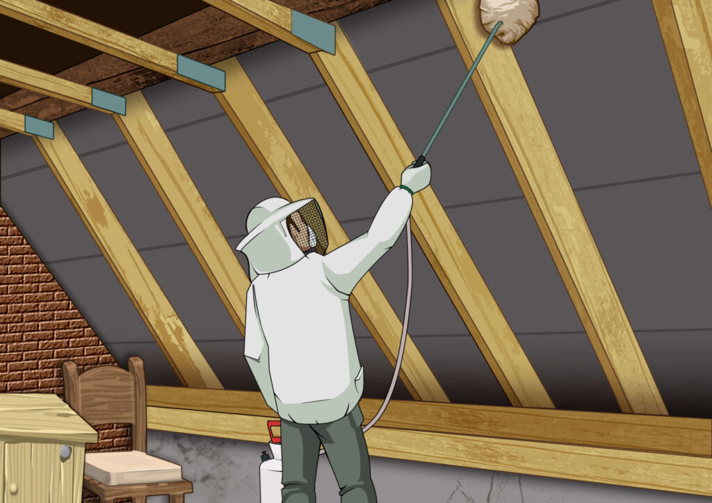 A person wearing a protective equipment and holding a tube towards a hive.