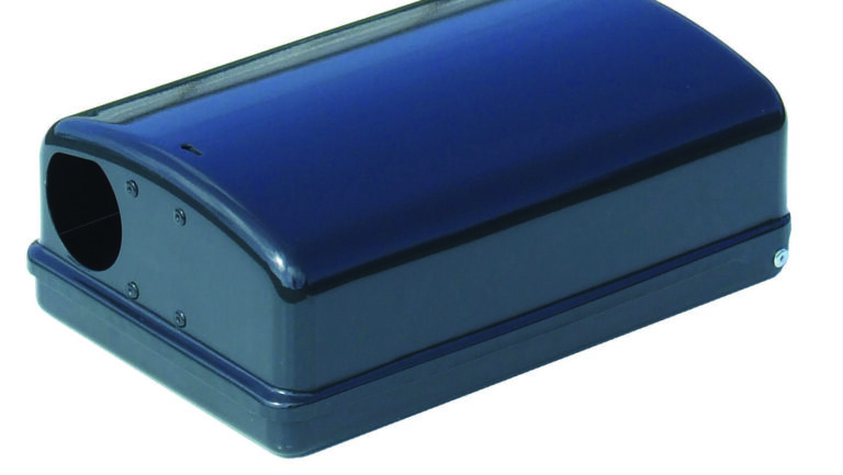 A blue container with a hole in one of its side